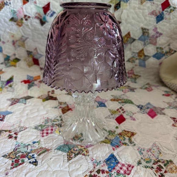 Other - Vintage Purple Pressed Glass Floral Fairy Lamp Candle Holder 2 Piece Clear Base